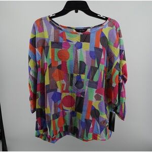 Ali Miles Womens Geometric Abstract Print 3/4 Sleeve Cinch Tie Top Multi color L